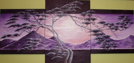 Zimný slnovrat. Romantický námet slnka nad horami v teplých fialových farbách , nádherne doplní Váš moderný interiér. Jemne štrukturovanýtrojdielny obraz vytvárajúci 3D efekt.  Cena 89,- €. 