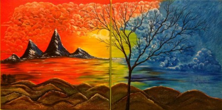 Zázračná krajina.Fascinujúci ručne maľovaný dvojdielny obraz olejovými farbami na plátne, znázorňuje okúzľujúcu prírodu v jej prechodoch z leta do čarovnej zimy. Cena 79,- €